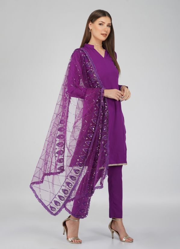 Purple Crepe Shift Style Embroidered Dupatta Suit Set
