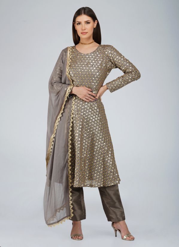 Buy Charcoal Grey Bias Cut Embroidered Suit