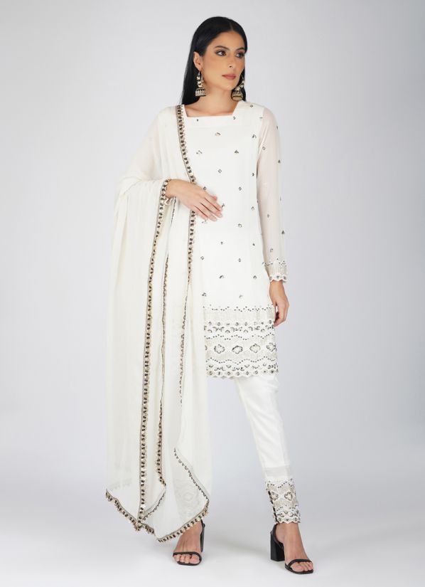 Buy White Georgette Shift Style Suit Set