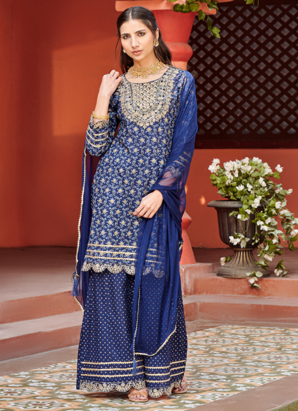 Buy Navy Blue Rayon Thread Embroidered Shift Suit Set