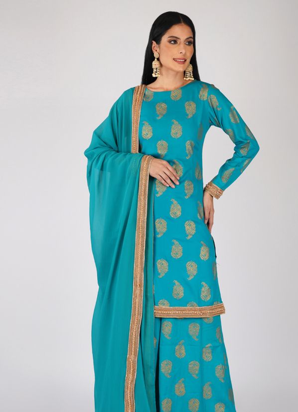 Buy Blue Rayon Foil Print Palazzo Suit