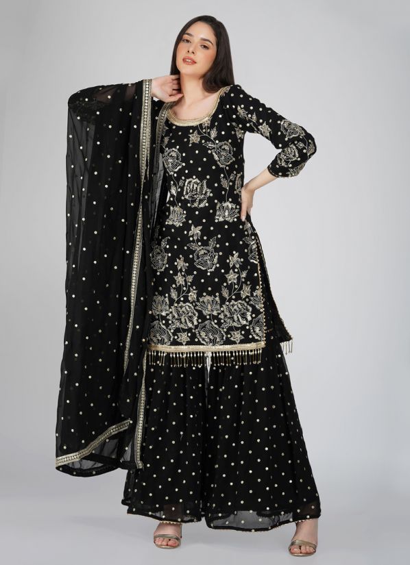 Black Allover Embroidered Gharara Suit Set