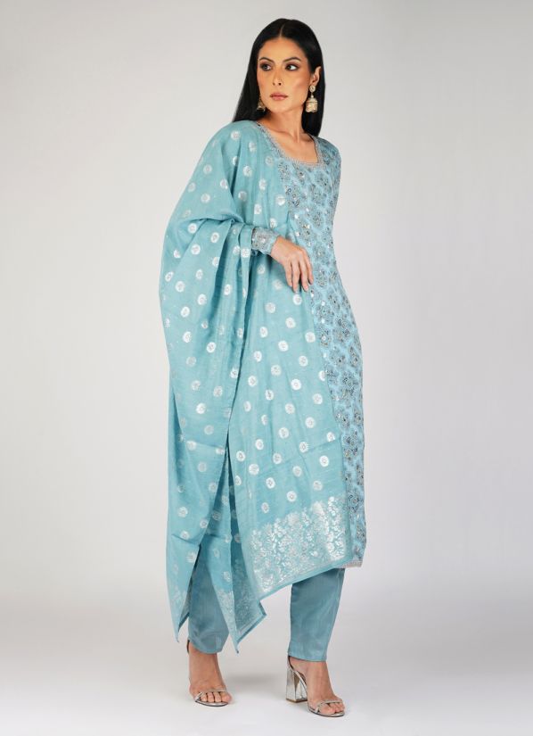 Blue Georgette Lurex Trouser Suit Set