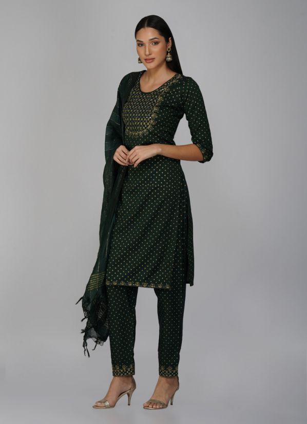 Buy Dark Green Gold Zari Embroidered Suit Set
