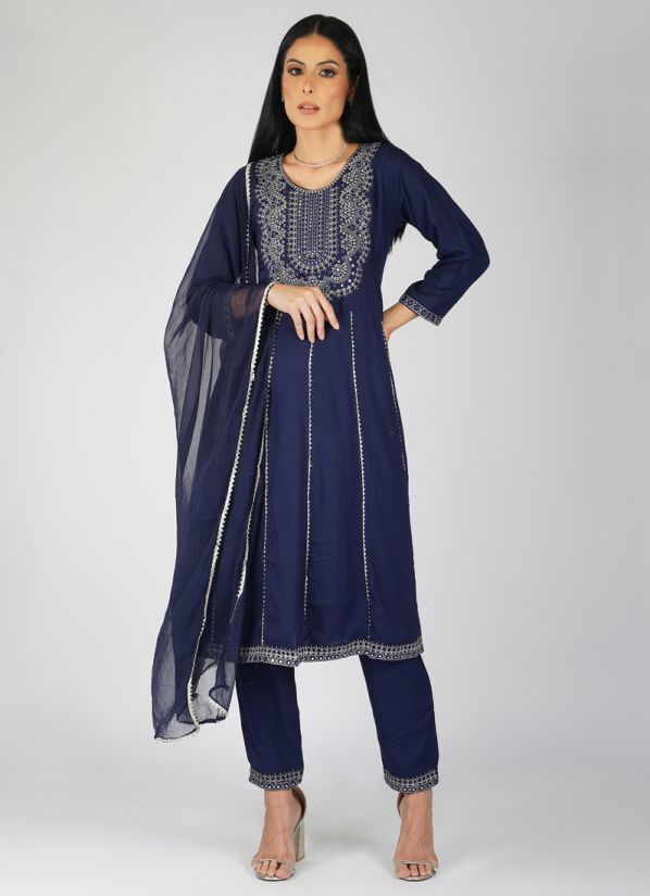 Navy Blue Thread Embroidered Suit Set