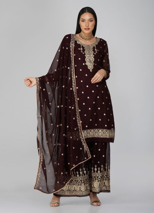 Buy Brown Georgette Zari Embroidered Gharara Suit Set