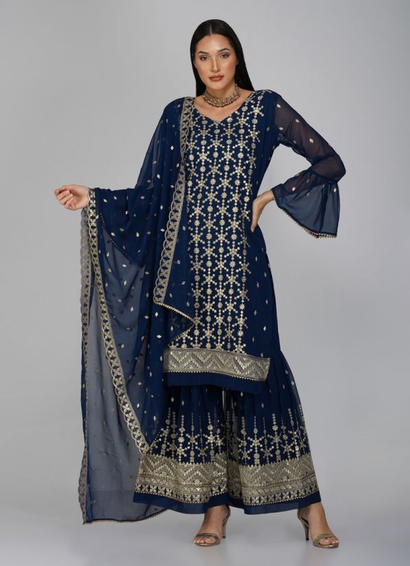 Buy Navy Blue Georgette Embroidered Shift Style Gharara Set