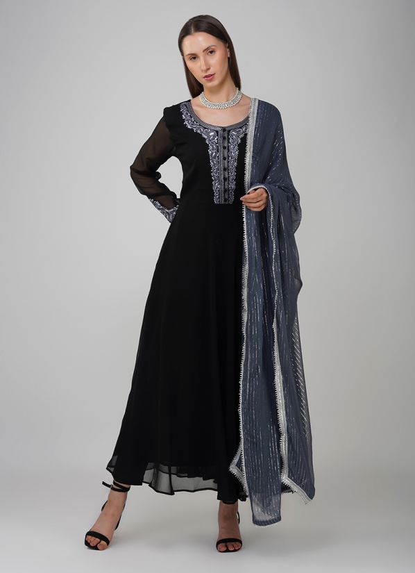 Black Thread Embroidered Dupatta Suit Set