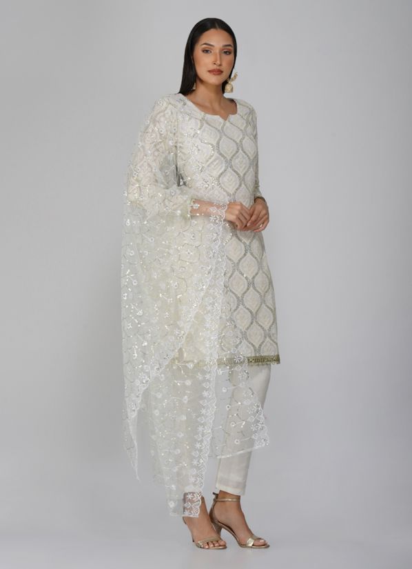 White Georgette Embroidered Jacquard Dupatta Suit Set