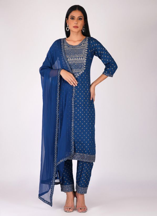 Buy Blue Rayon Printed Straight Cut Trouser Suit Set