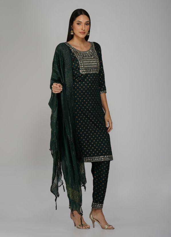Buy Green Printed Rayon Straight Cut Trouser Suit Set