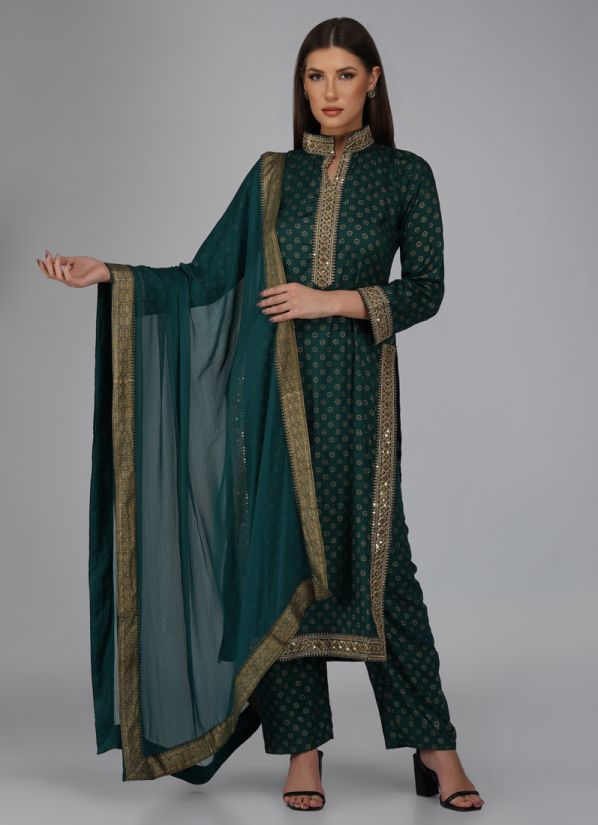 Green Rayon Foil Printed Straight Cut  Palazzo Suit Set