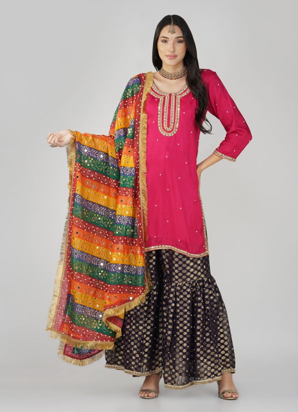 Buy Pink Silk Top Multicoloured Embroidered Dupatta Suit Set