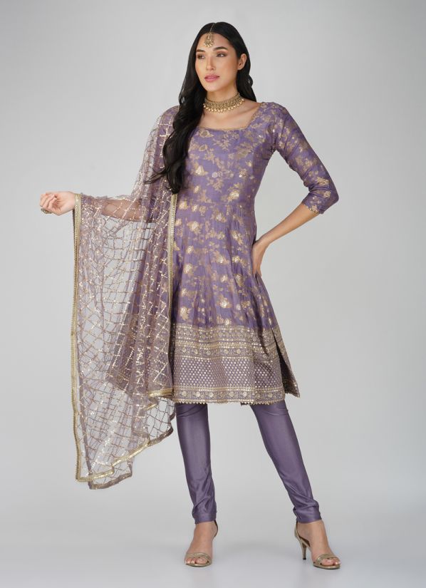 Buy Purple Silk Jacquard Peplum Suit Set