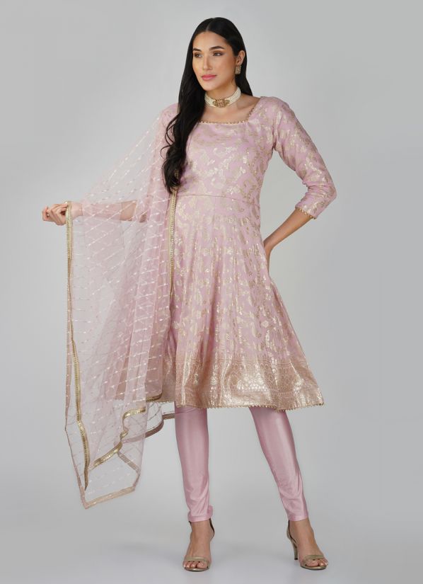 Buy Light Pink Silk Jacquard Peplum Suit Set