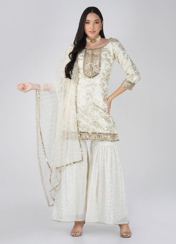 Buy Off-White Georgette Mirror Work Embroidered Suit Set