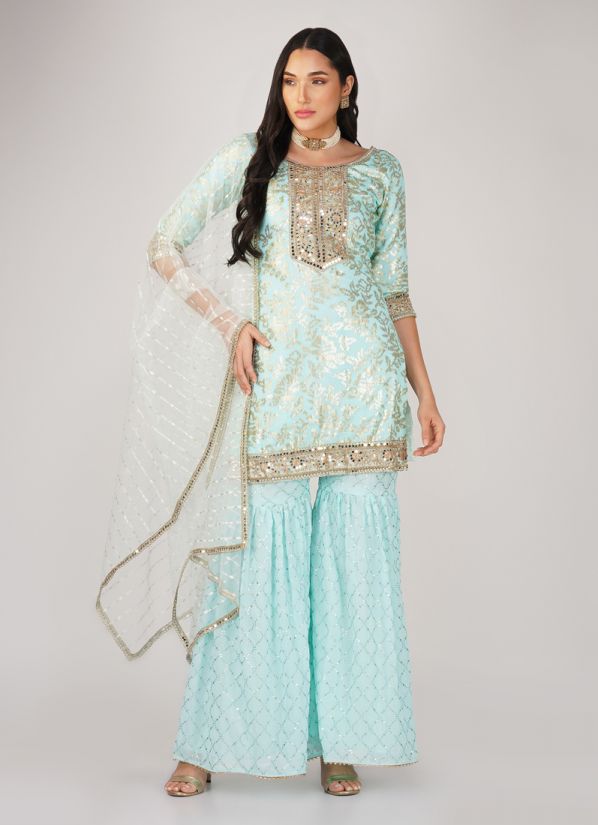 Buy Light Blue Georgette Mirror Work Embroidered Suit Set