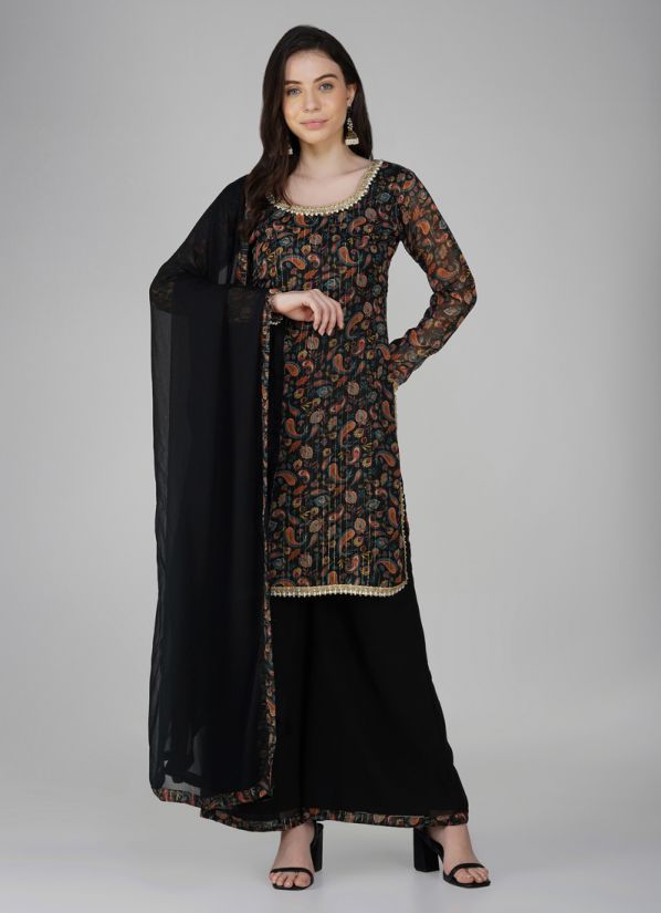 Buy Black Gold Embroidered Shift Style Suit Set
