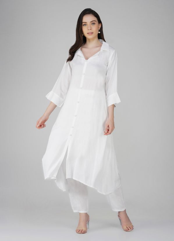Buy White Rayon Straight Cut Collared Suit Set