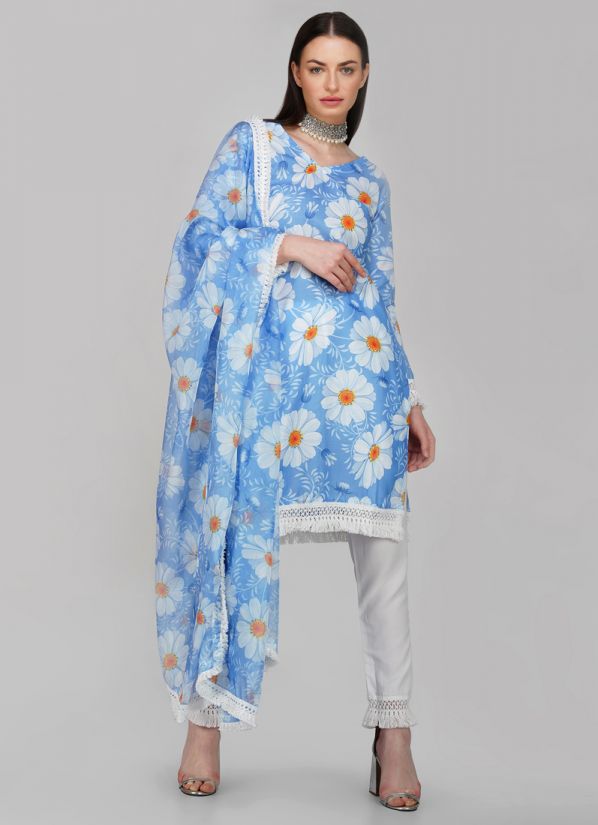 Buy Blue Linen Printed Dupatta Suit Set