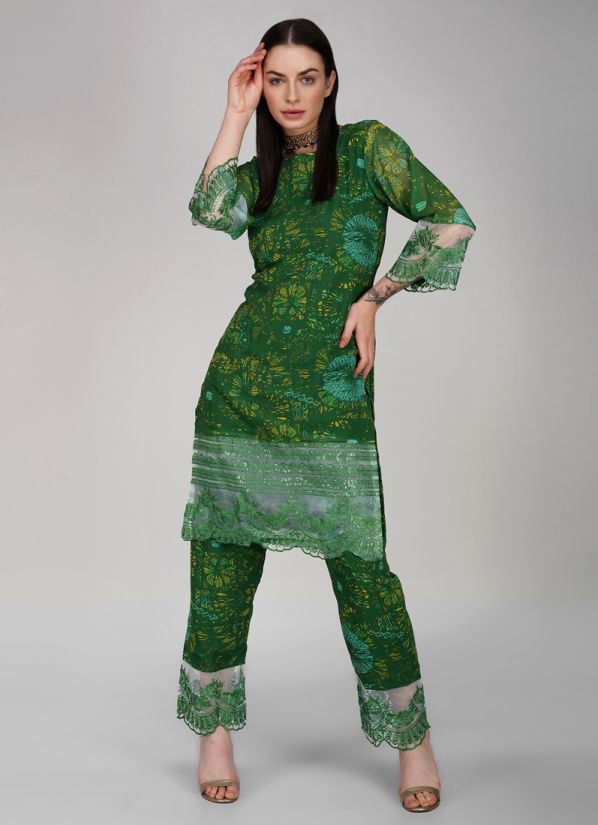 Buy Green Embroidered Straight Cut Trouser Suit Set