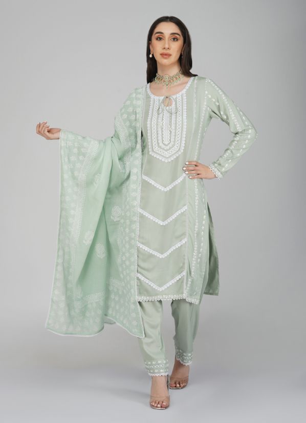 Mint Green Rayon All Over Embroidered Trouser Suit Set