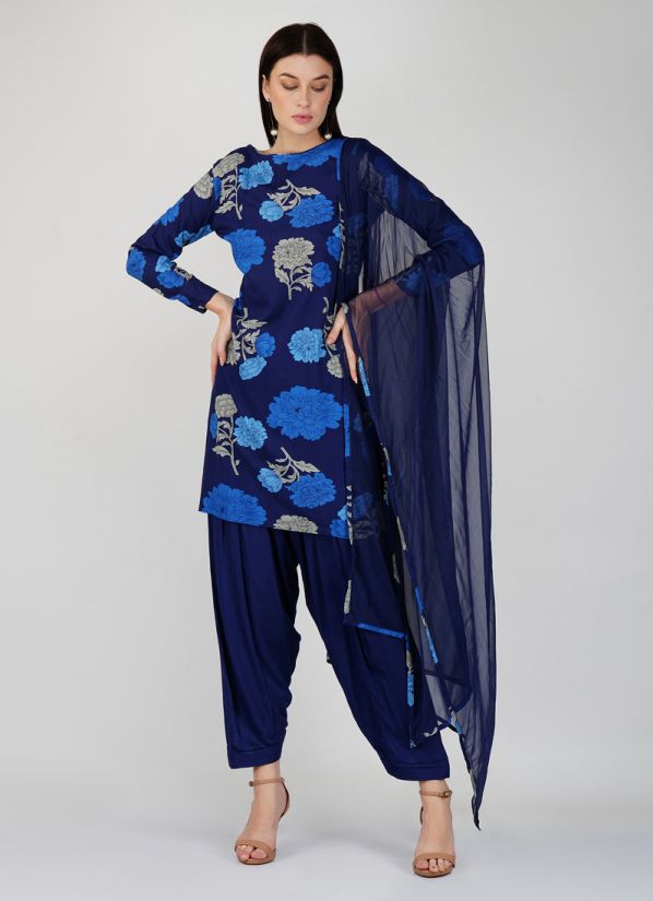 Blue Big Floral Printed Salwar Suit Set