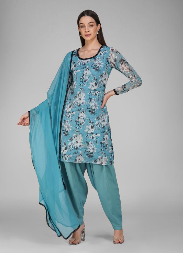 Blue Georgette Floral Printed Salwar Suit Set