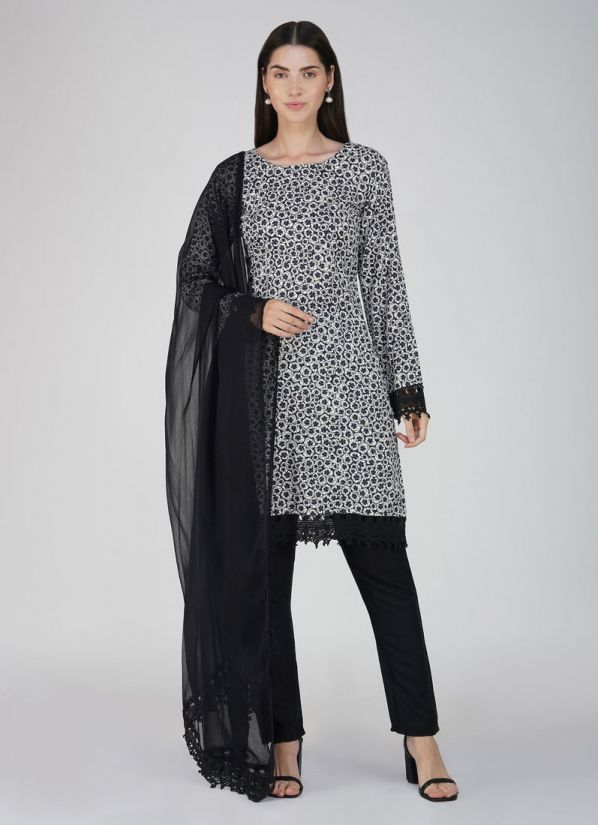 White-Black Rayon Ditsy Printed Trouser Suit Set