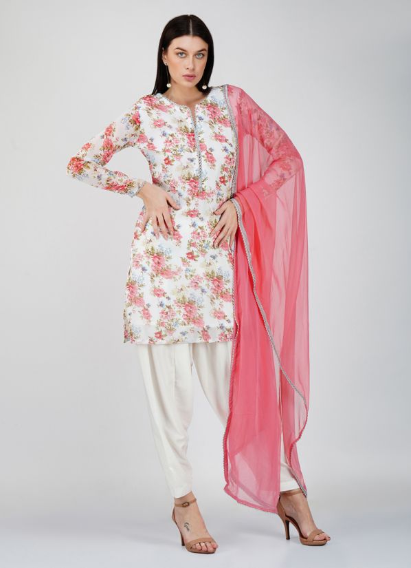White Georgette Floral Printed Salwar Suit Set