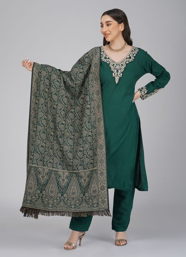 Dark Green Embroidery Work Shawl Suit Set