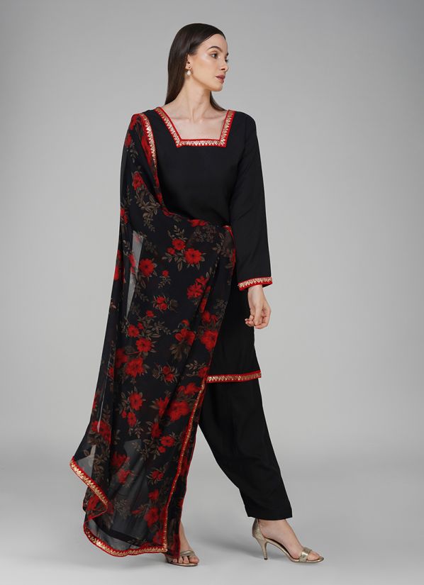 Black Crepe Shift Printed Dupatta Suit Set