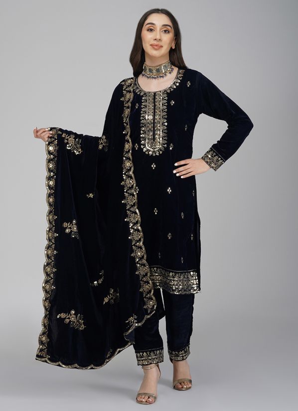 Buy Navy Blue Zari Embroidered Velvet Suit Set- Set of 3, AHTW3P-12/AHAM1