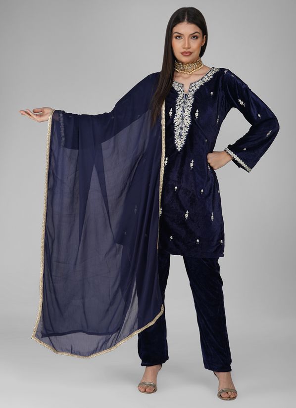 Navy Blue All Over Embroidered Set