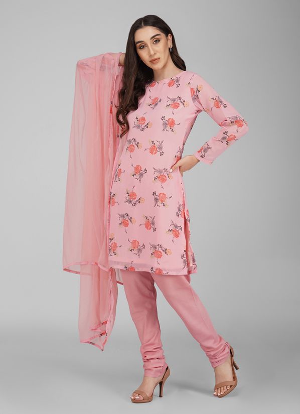 Pink Georgette Printed Churidaar Suit Set