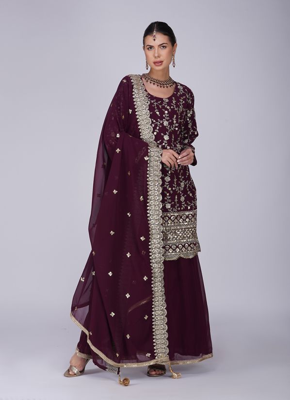 Wine Georgette Sequin Embroidered Suit Set