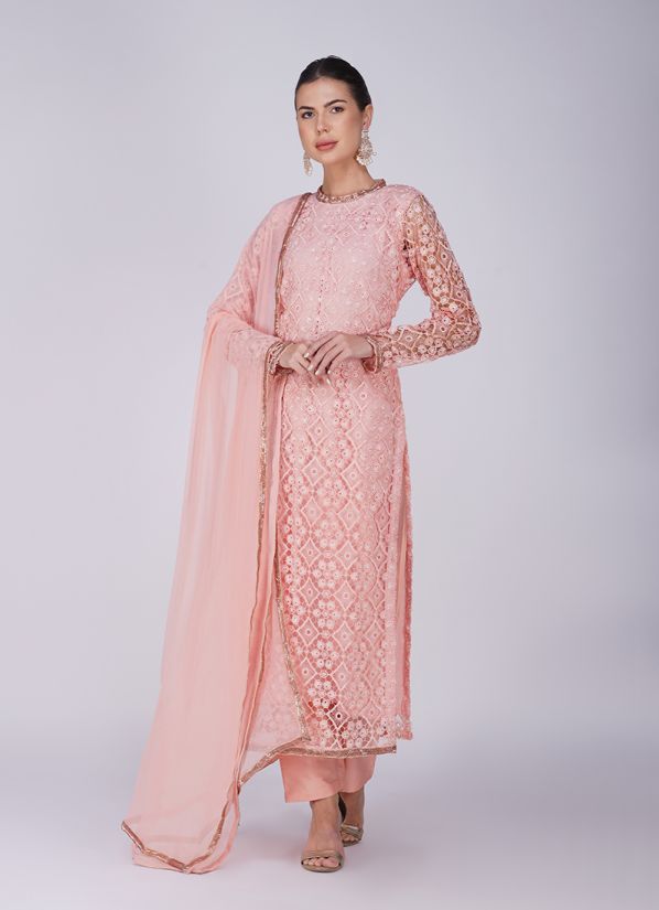 Buy Pink Lace Straight Cut Suit