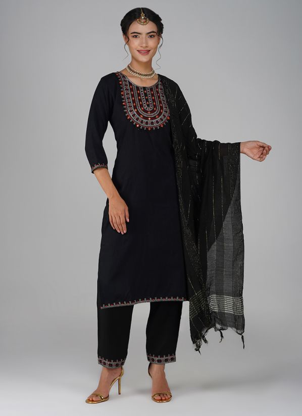 Black Rayon Embroidered Suit Set