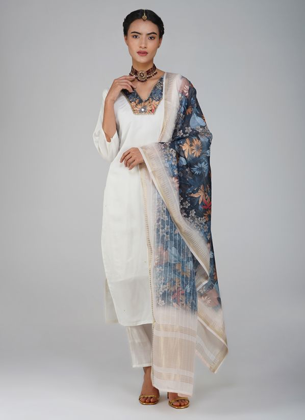White Silk Embroidered Suit Set