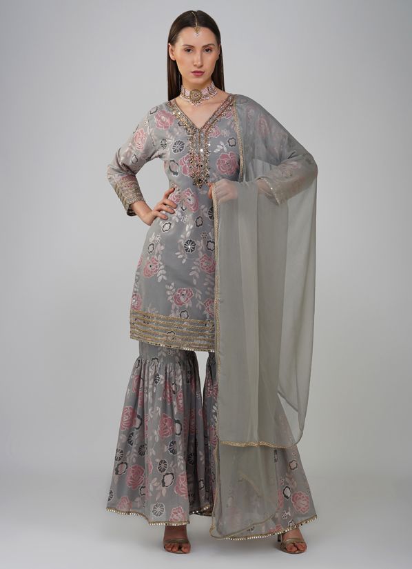 Grey Georgette Mirror Embroidered Suit Set
