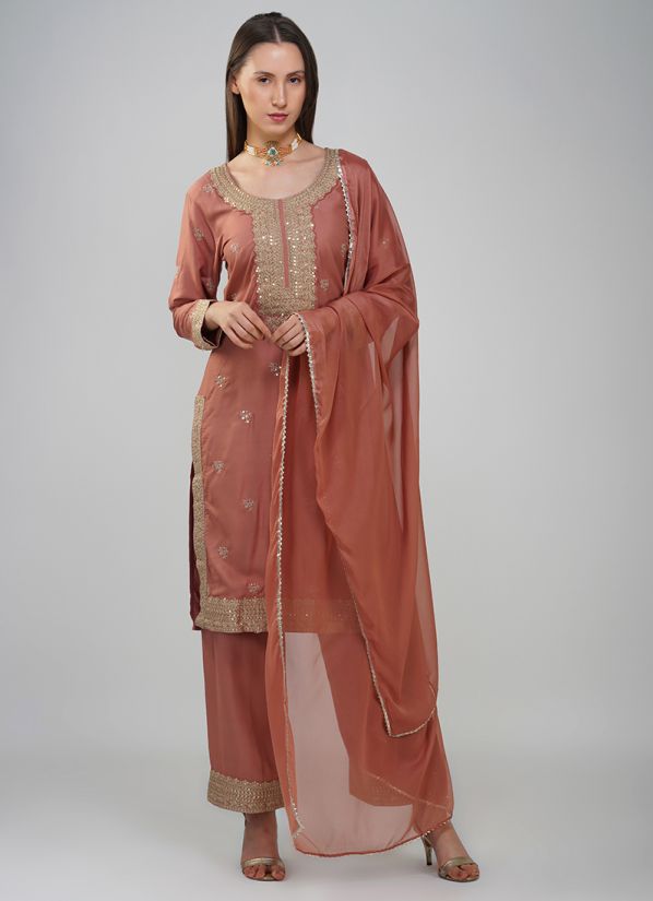 Nude Rayon Embroidered Suit Set