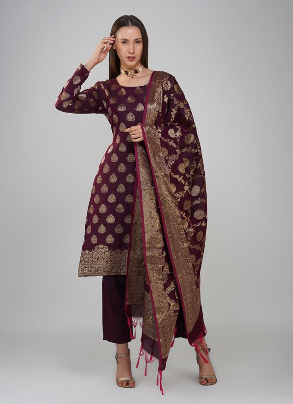 Wine Silk Jacqaurd Suit Set