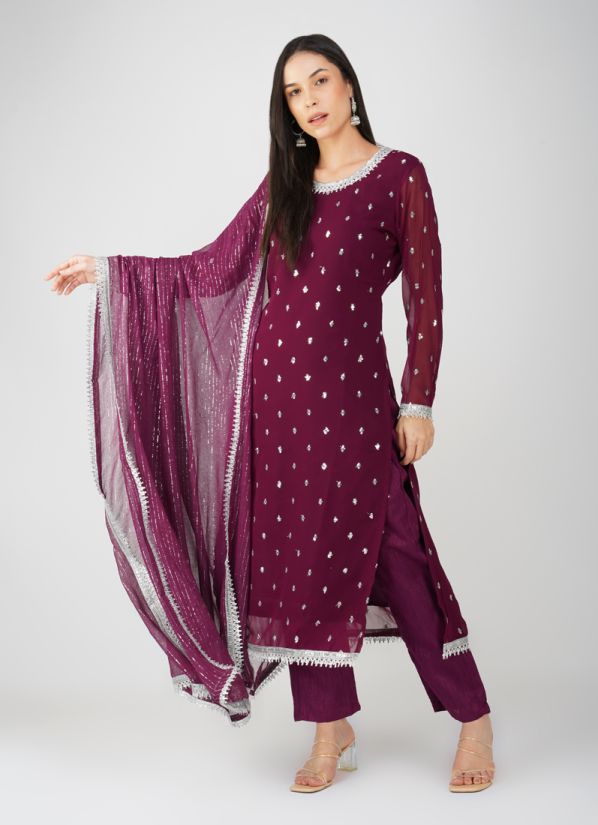 Buy Wine Georgette Jacquard Straight Cut Suit Set