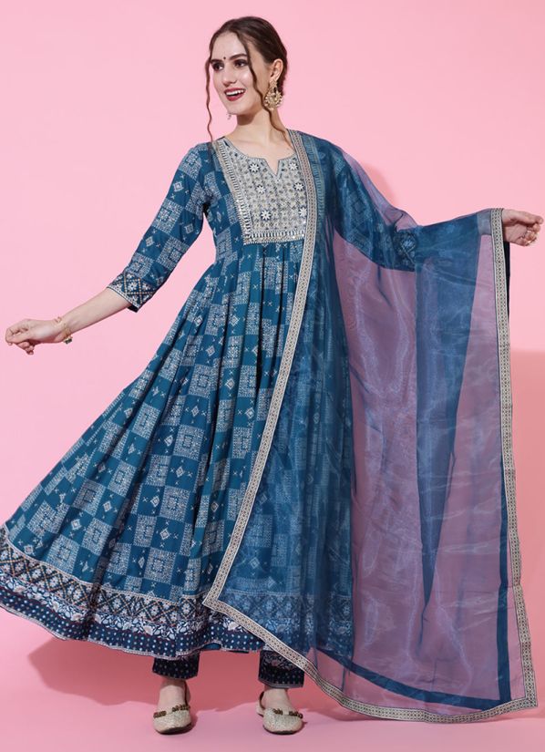 Blue Rayon Anarkali Printed Suit Set