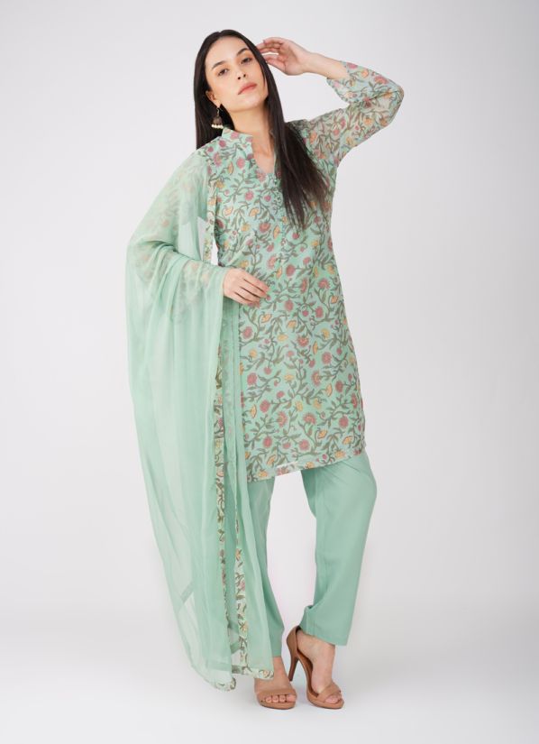 Buy Green Georgette Trouser Suit Set