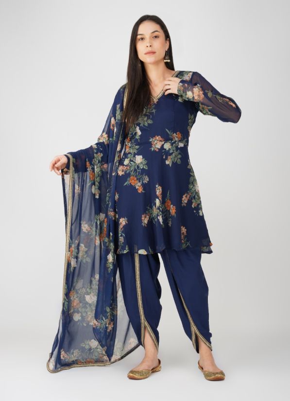 Buy Navy Blue Georgette Peplum Suit Set