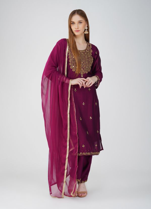 Buy Wine Silk Straight Cut Suit