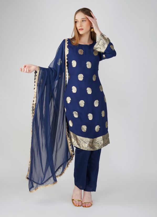 Buy Navy Blue Georgette Jacqaurd Suit Set