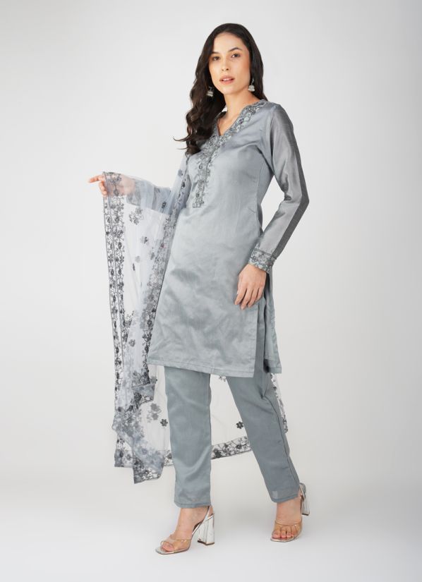 Buy Grey Dupion Zari Embroidered Suit Set