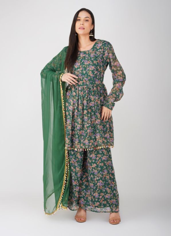 Buy Green Georgette Print On Print Suit